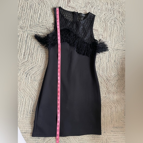 TopShop Mini Black Dress with Mesh Asymmetrical Neckline and Fringe Bodice - Picture 6 of 7